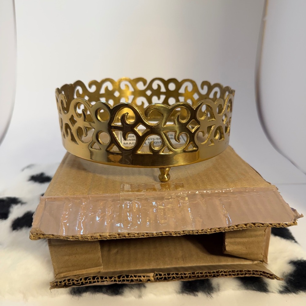 Solid Brass Candle Trivet Filigree Pedestal Stand Gold Tone Made in India 76471